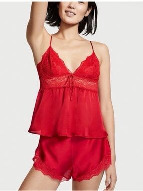 Victoria secret Red Lace-Trim Satin Cami & Short Sleep Set